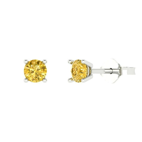 14K Solid Gold Push Back Stud Earrings for Women | 0.5 cttw Round Cut Simulated Yellow Diamond | White Gold