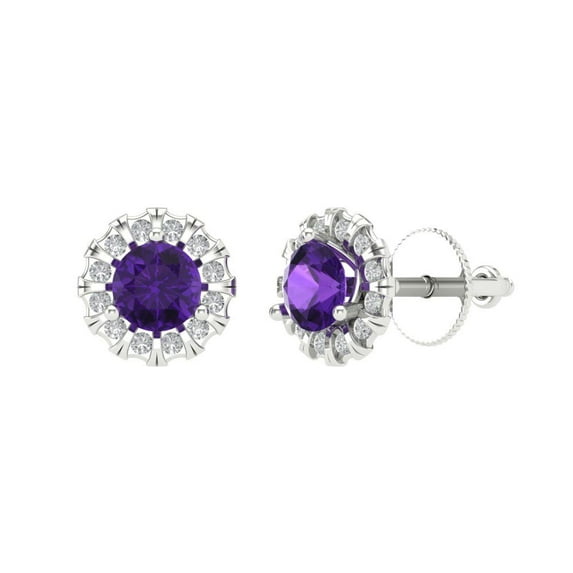 Clara Pucci 0.8808Ct Natural Amethyst Round Cut VVS1 Screw Back Stud 14k Solid hypoallergenic Gold Designer Earrings For February