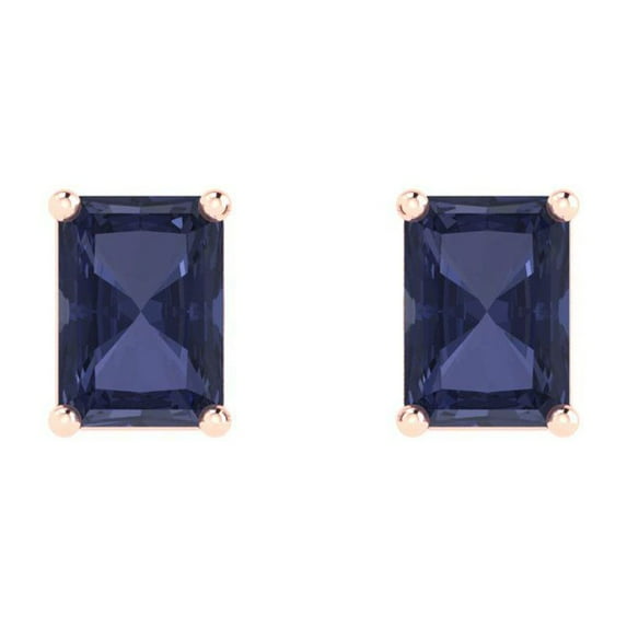 1 ct Push-Back Stud Earrings for Women | 6x4mm Emerald Cut Simulated Blue Sapphire | 18K Rose Gold