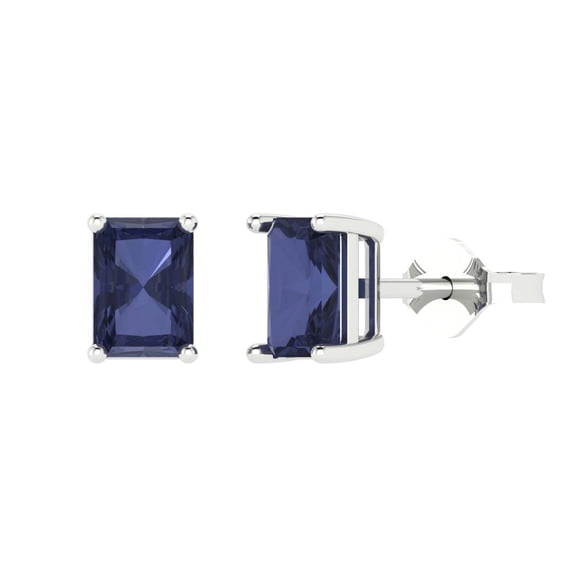 1 ct Push-Back Stud Earrings for Women | 6x4mm Emerald Cut Simulated Blue Sapphire | 18K White Gold