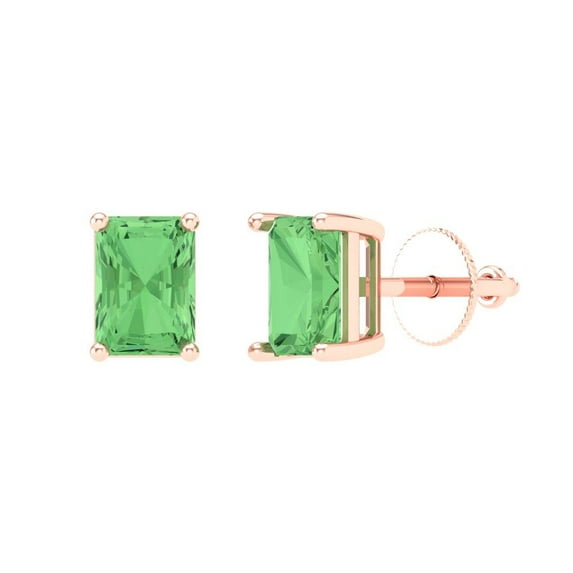 14K Solid Gold Screw Back Stud Earrings for Women | 1 cttw Emerald Cut Simulated Green Diamond | Rose Gold