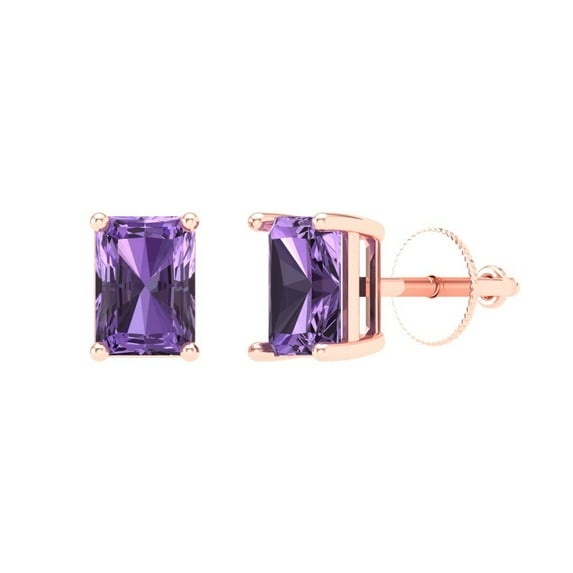 1 ct Screw-Back Stud Earrings for Women | 6x4mm Emerald Cut Simulated Alexandrite | 18K Rose Gold