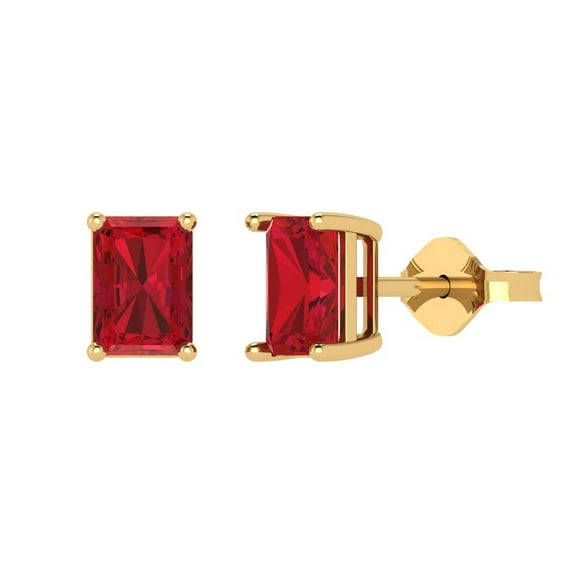 1 ct Push-Back Stud Earrings for Women | 6x4mm Emerald Cut Simulated Ruby | 18K Yellow Gold