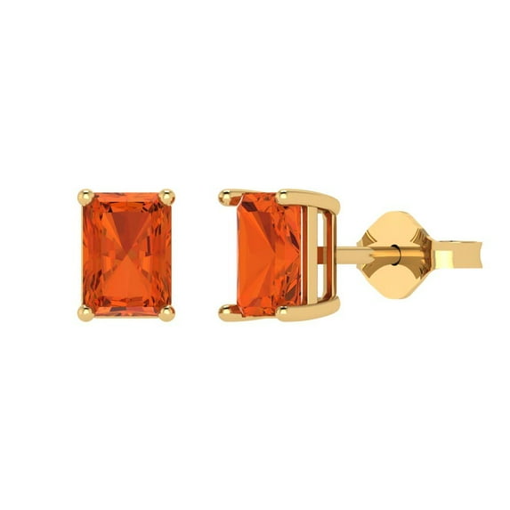 14K Solid Gold Push Back Stud Earrings for Women | 1 cttw Emerald Cut Simulated Red Diamond | Yellow Gold