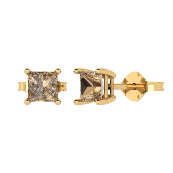 1 ct Push-Back Stud Earrings for Women | 4.5mm Princess Cut Simulated Champagne Diamond | 18K Yellow Gold