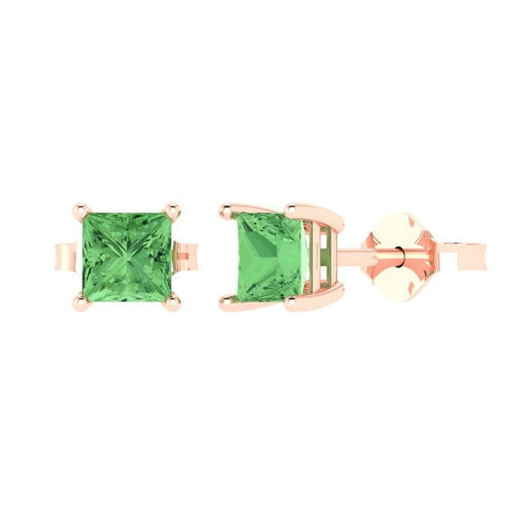 1 ct Push-Back Stud Earrings for Women | 4.5mm Princess Cut Simulated Green Diamond | 18K Rose Gold