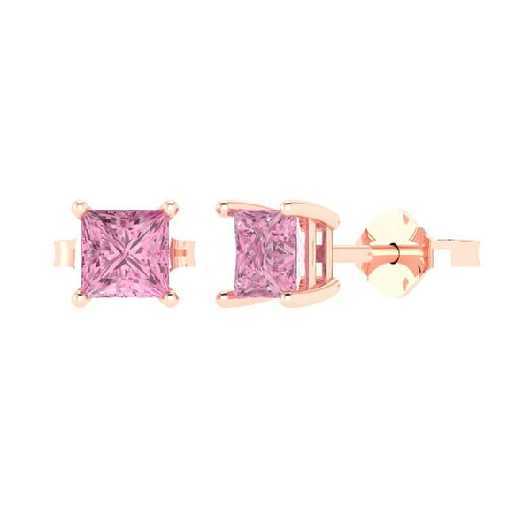 1 ct Push-Back Stud Earrings for Women | 4.5mm Princess Cut Simulated Pink Diamond | 18K Rose Gold