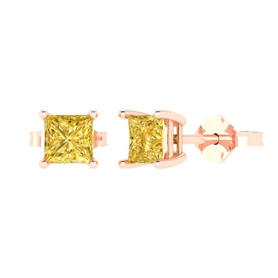 14K Solid Gold Push Back Stud Earrings for Women | 1 cttw Princess Cut Simulated Yellow Diamond | Rose Gold