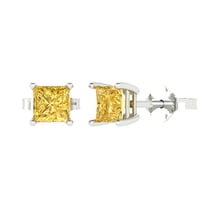 1 ct Push-Back Stud Earrings for Women | 4.5mm Princess Cut Simulated Yellow Diamond | 18K White Gold