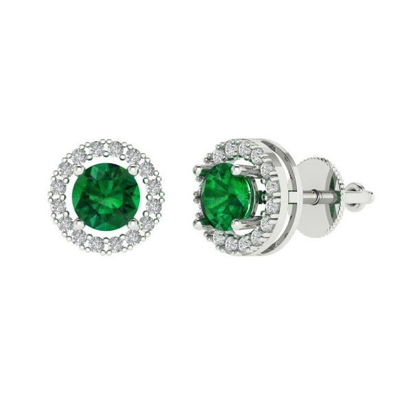 Clara Pucci 1.3 ct Brilliant Round Cut Halo Studs VVS1 Genuine Conflict free Green Emerald Solid 18K White Gold Designer Everyday Earrings Screw back