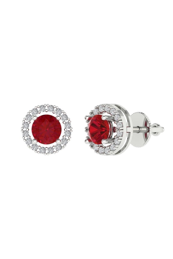 1.3 ct Brilliant Round Cut Halo Studs VVS1 Genuine Conflict free Red Ruby Solid 14K White Gold Designer Everyday Earrings Screw back