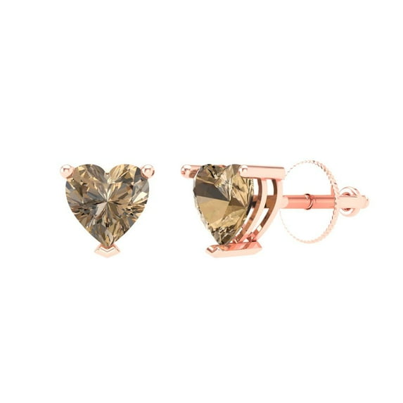 1.5 ct Screw-Back Stud Earrings for Women | 6.0mm Heart Cut Simulated Champagne Diamond | 18K Rose Gold