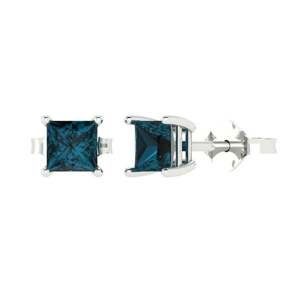1.5 ct Push-Back Stud Earrings for Women | 5.0mm Princess Cut Natural London Blue Topaz | 18K White Gold