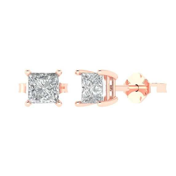 14K Solid Gold Push Back Stud Earrings for Women | 1.5 cttw Princess Cut Simulated Diamond | Rose Gold