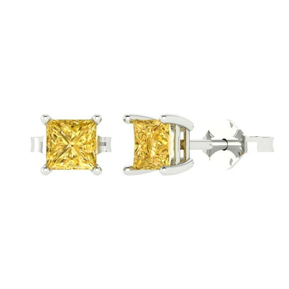 14K Solid Gold Push Back Stud Earrings for Women | 1.5 cttw Princess Cut Simulated Yellow Diamond | White Gold