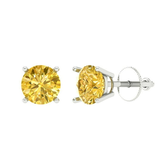1.5 ct Screw-Back Stud Earrings for Women | 6mm Round Cut Simulated Yellow Diamond | 18K White Gold