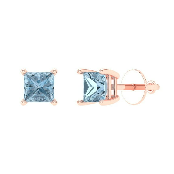 Clara Pucci 1.5Ct Natural Aquamarine Princess Cut VVS1 Screw Back Stud 18k Solid hypoallergenic Gold Designer Earrings For March