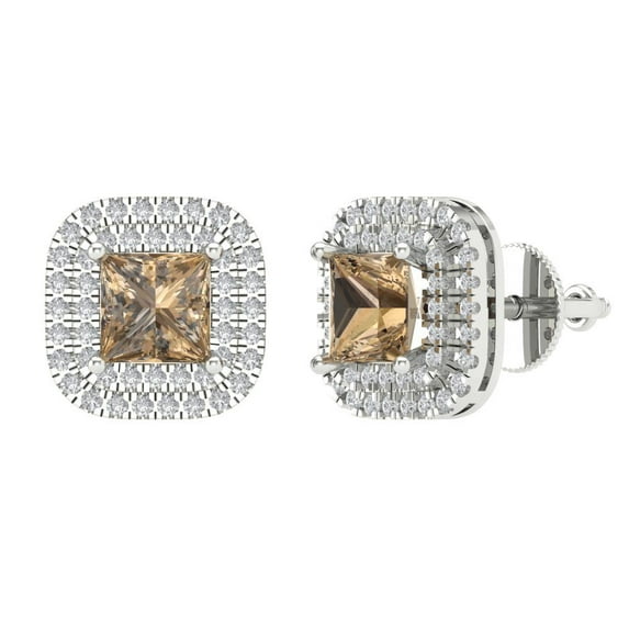 Clara Pucci 1.96Ct Champagne Princess Cut VVS1 Screw Back Stud 14k Solid hypoallergenic Gold Designer Earrings For April