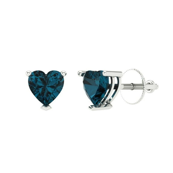 14K Solid Gold Screw Back Stud Earrings for Women | 1 cttw Heart Cut Natural London Blue Topaz | White Gold