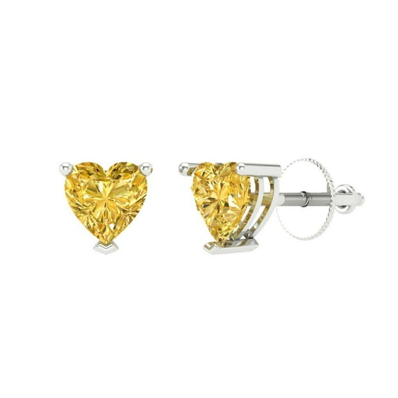Clara Pucci 1 ct Brilliant Heart Cut Studs VVS1 Genuine Conflict free Yellow Zircon Solid 18K White Gold Designer Everyday Earrings Screw back