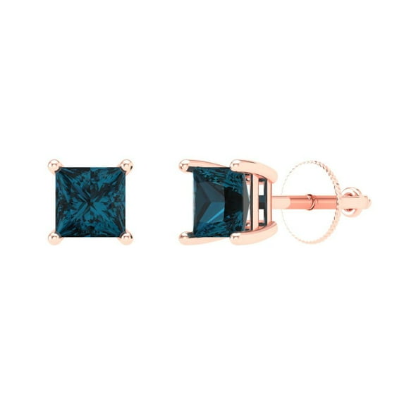 1 ct Screw-Back Stud Earrings for Women | 4.5mm Princess Cut Natural London Blue Topaz | 18K Rose Gold