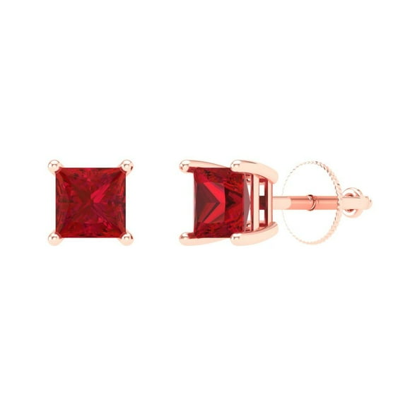 14K Solid Gold Screw Back Stud Earrings for Women | 1 cttw Princess Cut Simulated Ruby | Rose Gold
