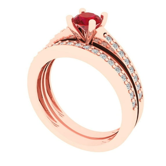 Clara Pucci 14K Rose Gold 0.86 Simulated Ruby Engraveable Engagement Ring + Wedding Band Set