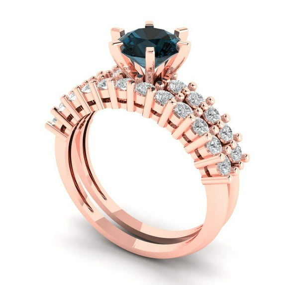 Clara Pucci 14K Rose Gold 1.66 Natural London Blue Topaz Engraveable Engagement Ring + Wedding Band Set