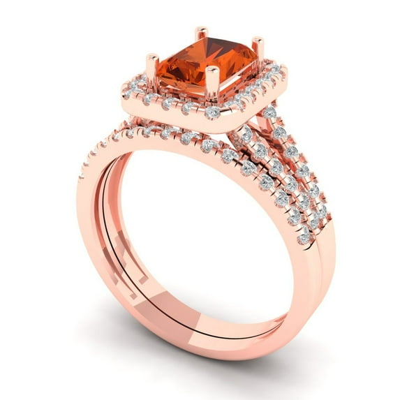 Clara Pucci 14K Rose Gold 1.72 Simulated Red Diamond Engraveable Engagement Ring + Wedding Band Set