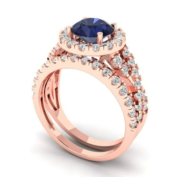 Clara Pucci 14K Rose Gold 1.795 Simulated Blue Sapphire Engraveable Engagement Ring + Wedding Band Set