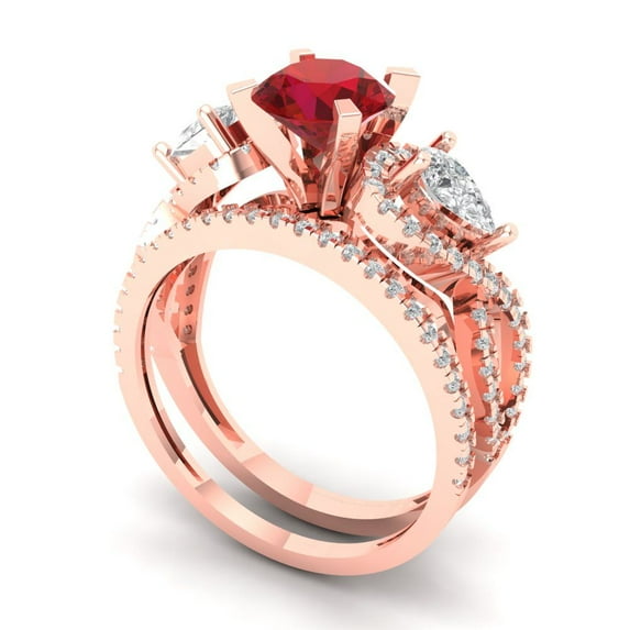 Clara Pucci 14K Rose Gold 1.925 Simulated Ruby Engraveable Engagement Ring + Wedding Band Set