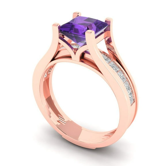 Clara Pucci 14K Rose Gold 2.28 Natural Amethyst Engraveable Engagement Ring + Wedding Band Set
