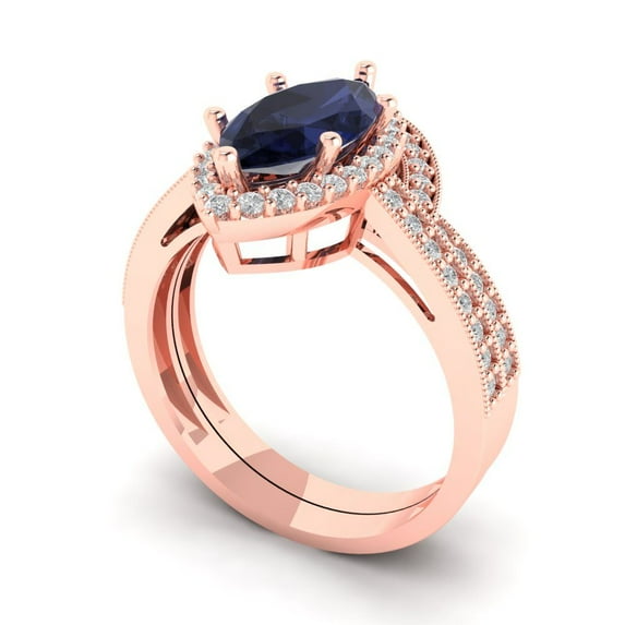 Clara Pucci 14K Rose Gold 2.4875 Simulated Blue Sapphire Engraveable Engagement Ring + Wedding Band Set