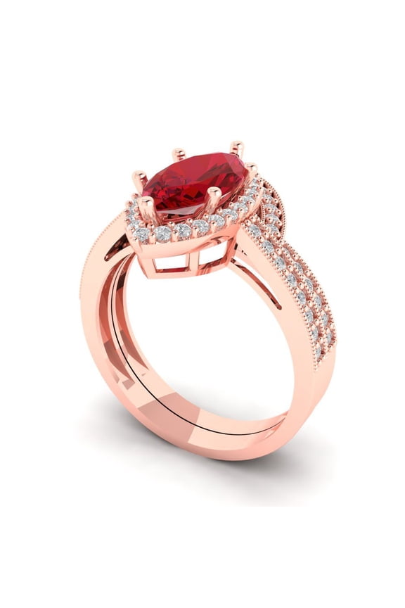 14K Rose Gold 2.4875 Simulated Ruby Engraveable Engagement Ring + Wedding Band Set