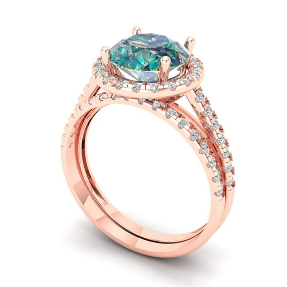 Clara Pucci 14K Rose Gold 2.52 Synthetic Blue Moissanite Engraveable Engagement Ring + Wedding Band Set
