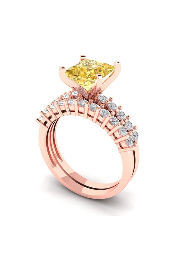 14K Rose Gold 2.63 Synthetic Yellow Moissanite Engraveable Engagement Ring + Wedding Band Set