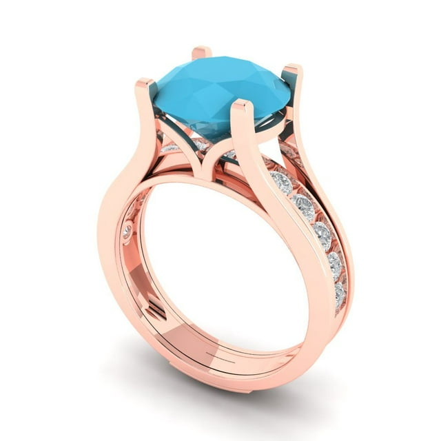 Clara Pucci 14K Rose Gold 3.39 Simulated Turquoise Engraveable Engagement Ring + Wedding Band Set