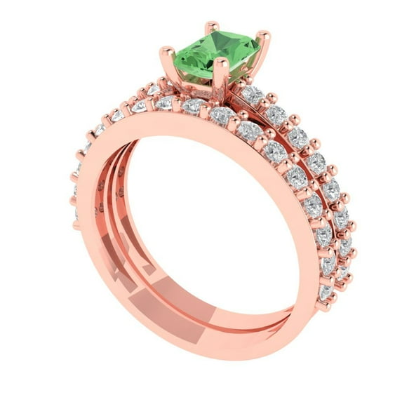 Clara Pucci 14K Rose Gold Emerald Cut 0.5Ct Simulated Green Diamond Engagement Ring + Matching Band - Luxury Box Included