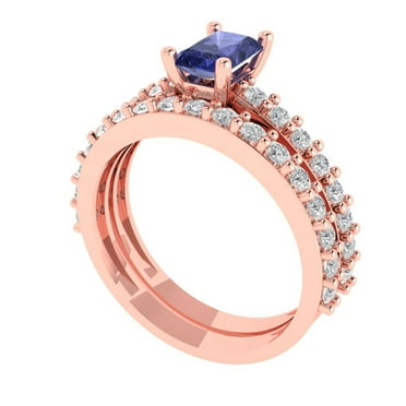 Clara Pucci 14K Rose Gold Emerald Cut 0.5Ct Simulated Tanzanite Engagement Ring + Matching Band - Luxury Box Included