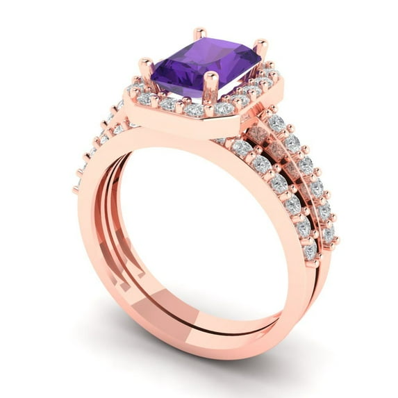 Clara Pucci 14K Rose Gold Emerald Cut 1.5Ct Natural Amethyst Engagement Ring + Matching Band - Luxury Box Included