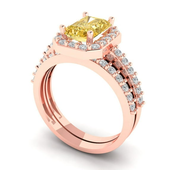 Clara Pucci 14K Rose Gold Emerald Cut 1.5Ct Natural Citrine Engagement Ring + Matching Band - Luxury Box Included