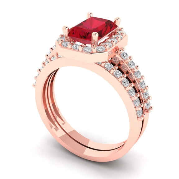 Clara Pucci 14K Rose Gold Emerald Cut 1.5Ct Simulated Ruby Engagement Ring + Matching Band - Luxury Box Included