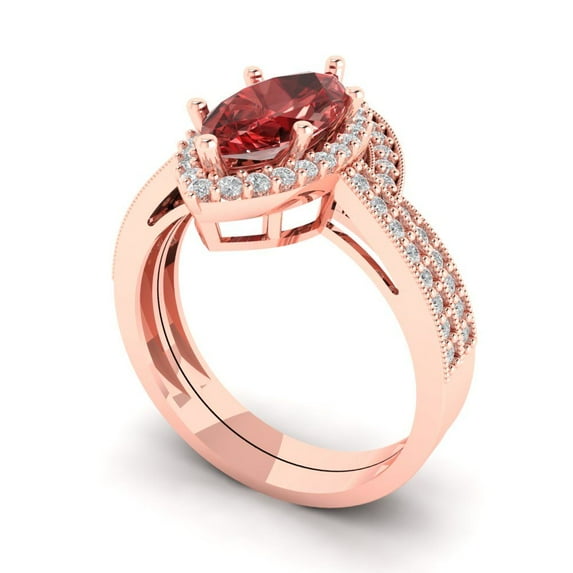 Clara Pucci 14K Rose Gold Marquise Cut 2Ct Natural Garnet Engagement Ring + Matching Band - Luxury Box Included