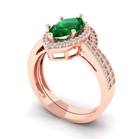 Clara Pucci 14K Rose Gold Marquise Cut 2Ct Simulated Emerald Engagement Ring + Matching Band - Luxury Box Included