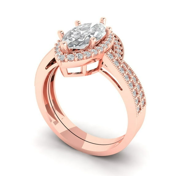 Clara Pucci 14K Rose Gold Marquise Cut 2Ct Synthetic Moissanite Engagement Ring + Matching Band - Luxury Box Included
