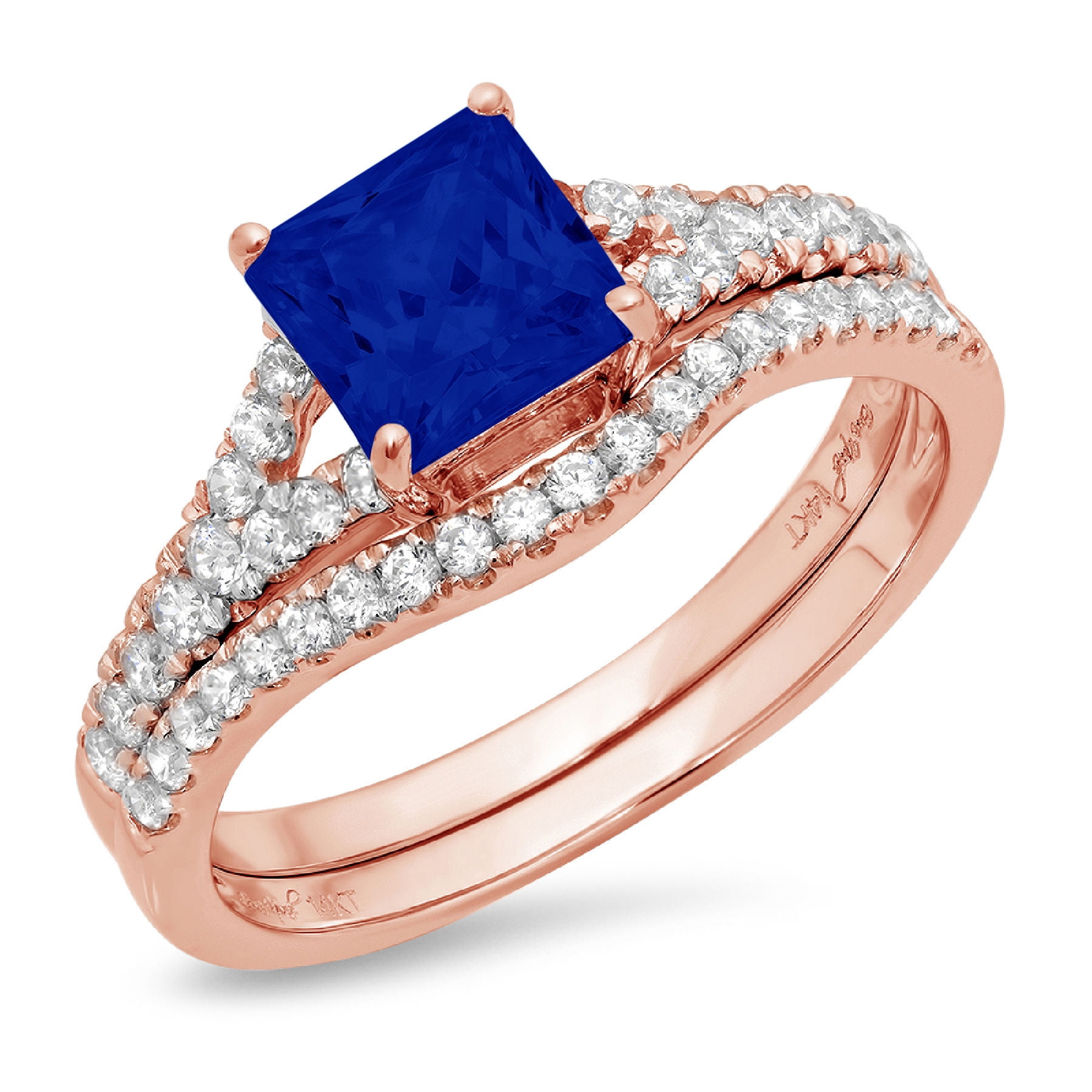 Clara Pucci 14K Rose Gold Princess Cut 1Ct Simulated Blue Sapphire