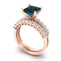 Clara Pucci 14K Rose Gold Princess Cut 2Ct Natural London Blue Topaz Engagement Ring   Matching Band - Luxury Box Included