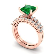Clara Pucci 14K Rose Gold Princess Cut 2Ct Simulated Emerald Engagement Ring Matching Band - Luxury Box Included