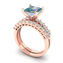 Clara Pucci 14K Rose Gold Princess Cut 2Ct Synthetic Blue Moissanite Engagement Ring Matching Band - Luxury Box Included