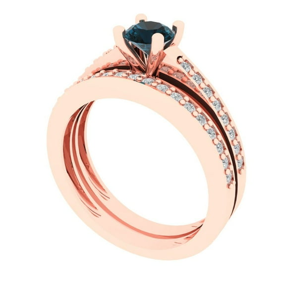 Clara Pucci 14K Rose Gold Round Cut 0.5Ct Natural London Blue Topaz Engagement Ring + Matching Band - Luxury Box Included